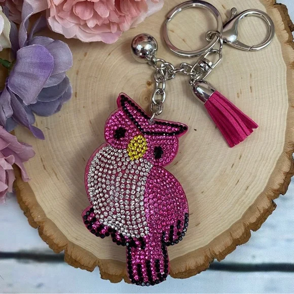 Hot Pink & Silver Rhinestone Owl Keychain & Tassel Charm - Picture 3 of 5